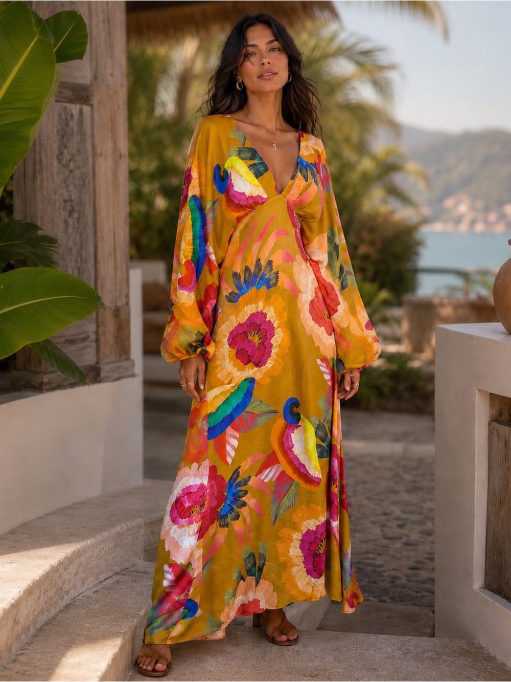 FARM Rio Satin Mustard Tropical Floral Balloon Sleeve Maxi Dress  Boho Resort LG